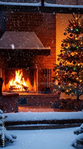 Wallpaper Mural Cozy winter evening at home with fireplace burning and Christmas tree decorated outside during snowfall Torontodigital.ca