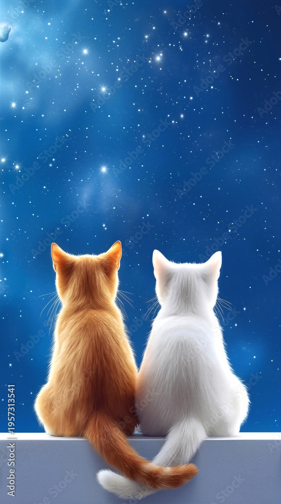 Fototapeta premium Domestic cats sitting side by side on ledge while observing starry night sky. Feline companions watching stars and nebulae during peaceful evening.