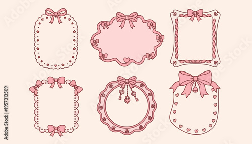 Set of adorable pink decorative frames with elegant bows and intricate borders, perfect for vintage-themed designs, cute labels, or charming photo album accents