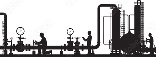 Silhouette of industrial workers operating machinery and intricate pipelines in a complex manufacturing facility, illustrating energy production and maintenance processes