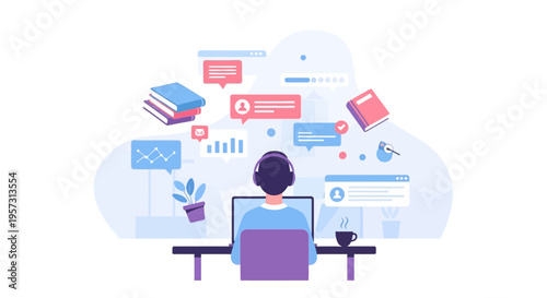 Online learning and digital education concept with a person wearing headphones and looking at a computer screen with educational icons floating around