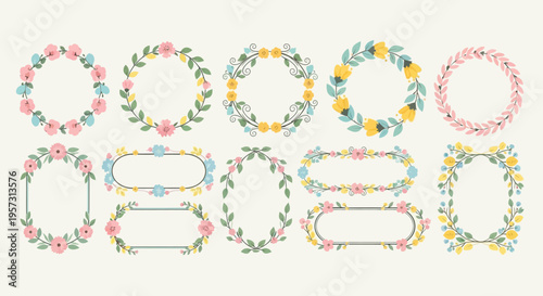 Set of Beautiful Pastel Floral Wreaths and Frames Collection for Elegant Invitations, Greeting Cards, and Decorative Spring Designs. Vector Illustration with Blooming Flowers