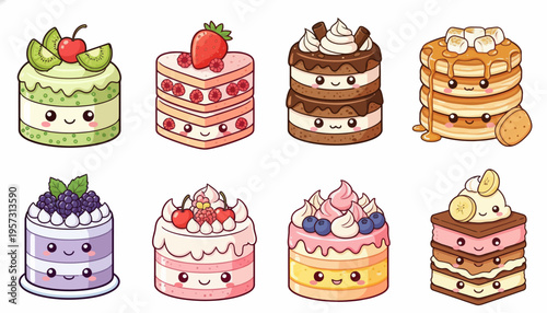 Cute Kawaii Desserts and Cakes with Sweet Faces and Adorable Decorations, Perfect for Baking and Celebration Themes