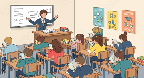 Digital Distraction in Education Students Silently Engrossed in Phones, Ignoring the Teacher's Lesson in a Modern Classroom Setting