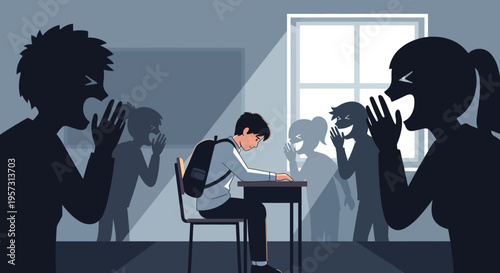 Illustration of a young student's emotional distress and isolation due to intense bullying and social pressure from peers and adults in a school setting