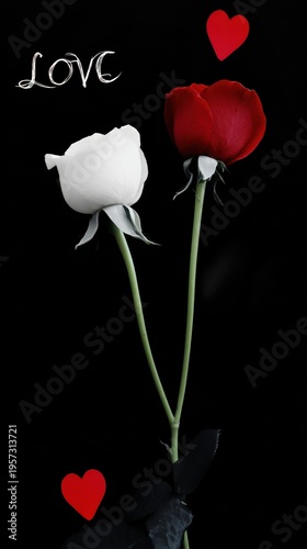 Two roses, one red and one white, with red hearts and the word LOVE on black red rose white rose