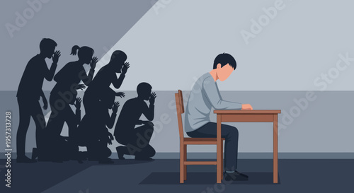 A lone individual experiences social anxiety and mental stress, surrounded by whispering, judging shadows, illustrating the profound weight of external scrutiny and isolation