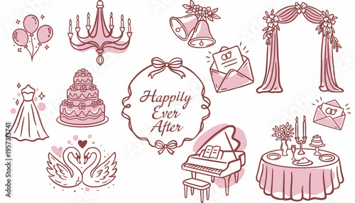 Collection of wedding icons with cake, swans, piano, and wedding arch, perfect for invitations and decorations