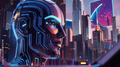 Wallpaper Mural Futuristic robot head in neon-lit cityscape with flying cars and skyscrapers, depicting a futuristic urban scene Torontodigital.ca