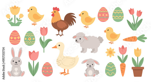 A delightful collection of charming Easter-themed illustrations featuring fluffy bunnies, spring tulips, cute chicks, a proud rooster, a gentle lamb, a friendly duck, painted eggs, and fresh carrots