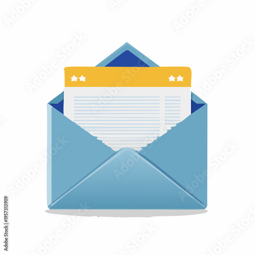 Digital communication concept with a vibrant blue open envelope containing a document, symbolizing a new email, message, or important notification. Ideal for web and app design elements