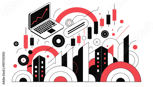 Photos Global Financial Market Symbols With Laptop And Stock Graphs