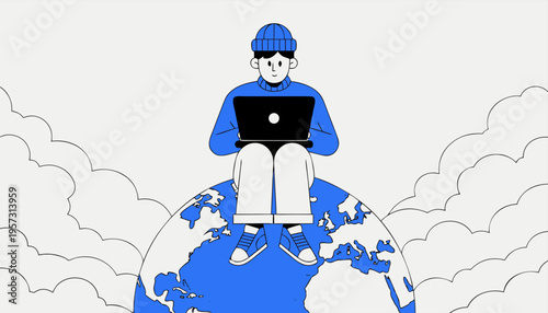 Man On World Globe Working With Laptop In Clouds