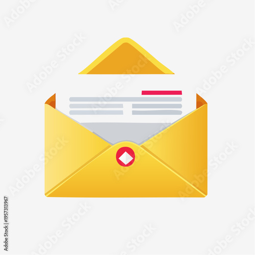Clean vector illustration depicting an open bright yellow envelope containing a white document, perfect for concepts of incoming messages, email, or direct mail marketing