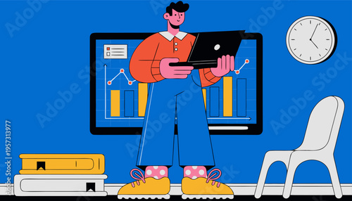 Man Analyzing Data On Laptop And Computer Chart Screen