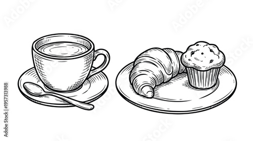 Hand-drawn sketch of a delicious breakfast set featuring a steaming cup of coffee, a flaky croissant, and a tasty muffin, perfect for a morning treat