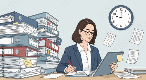 Diligent professional manages towering stacks of paperwork, showcasing demanding administrative tasks and deadline pressures in a bustling office setting