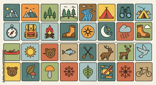 Collection of Outdoor Adventure and Nature Icons for Camping, Hiking, and Wildlife Exploration