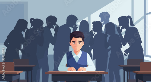Isolated young student in classroom, overwhelmed by whispering shadows of peers, depicting social anxiety, peer pressure, and bullying's emotional burden
