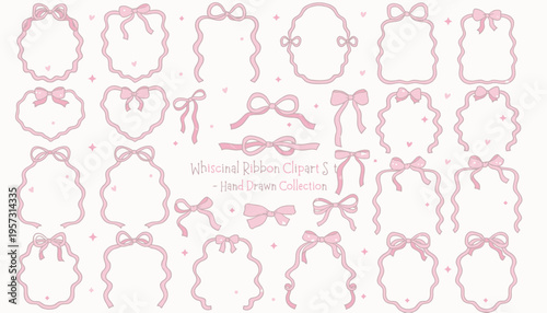 A delightful collection of delicate pink hand-drawn ribbon clip art, showcasing various charming bows, frames, and ornate borders, ideal for adding a sweet decorative touch