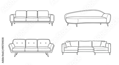 Collection of diverse modern and contemporary sofa designs in minimalist line art, showcasing various furniture styles and aesthetic concepts for home interiors and living spaces