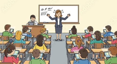 Teacher's Frustration Over Digital Distraction Modern Classroom Challenge with Students Engrossed in Tablets, Ignoring Traditional Instruction