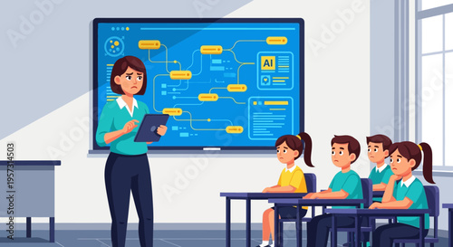 Engaged students in a modern classroom where a dedicated teacher utilizes a large interactive screen and tablet to present complex concepts, highlighting innovative digital learning experiences