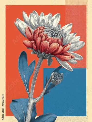 Vintage Illustration of a Chrysanthemum Flower with Red and White Petals on a Textured Orange and Blue Background