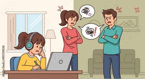 Family conflict during online learning Parents arguing while child tries to concentrate on schoolwork at home