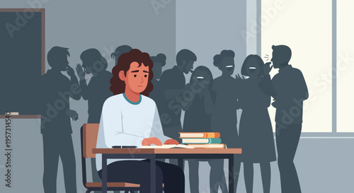 Lonely student isolated in classroom, surrounded by whispering figures, depicting emotional distress, social bullying, and mental health challenges faced by youth