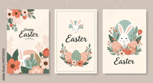 Happy Easter greeting cards with cute bunnies, colorful eggs, and floral elements for a festive spring celebration