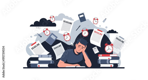 Overwhelmed student struggling with deadlines and a mountain of books, surrounded by alarm clocks indicating pressure and stress