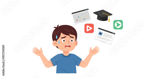 Young student stressed and overwhelmed by academic tasks, online learning, and digital content, struggling with time management and information overload