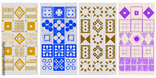 Four vertically oriented panels displaying abstract geometric patterns