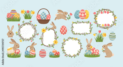 Collection of Easter themed illustrations featuring bunnies, eggs, flowers, and decorative frames on a light blue background