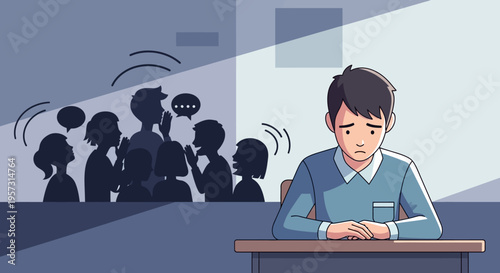 Young man feeling isolated and overwhelmed by whispers and gossip, depicting social anxiety, rumor impact, and mental health struggles in a quiet, reflective moment