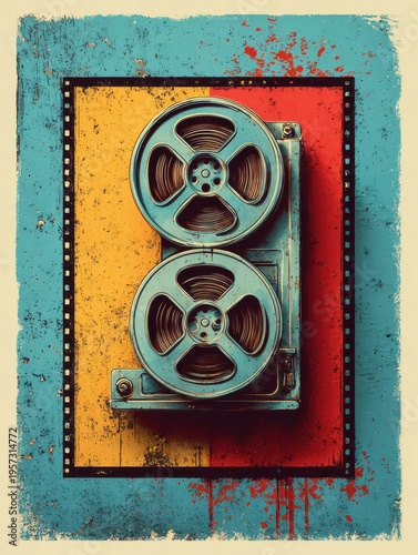 Vintage Reel to Reel Tape Recorder with Grungy Red and Blue Film Border retro audio