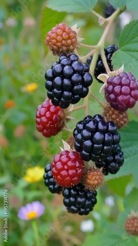 Wallpaper Mural Ripe and unripe blackberries hanging from a bush in a garden with flowers Torontodigital.ca