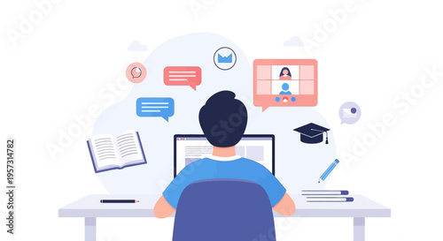 Creative Illustration of a student studying online at a desk with books and a laptop, embodying modern education and remote learning concepts