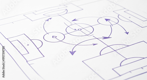 A close up view of a soccer field strategy diagram drawn with purple markings and arrows