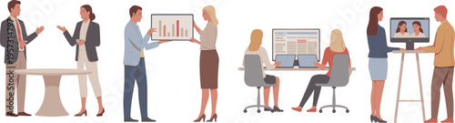 Business teamwork, office collaboration, corporate communication, data analysis meeting, professional discussion, team brainstorming, workplace interaction, project planning, digital presentation