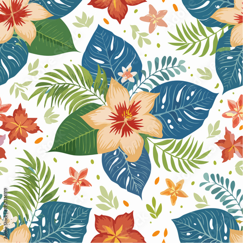 Lush tropical floral seamless pattern featuring exotic hibiscus and plumeria-like blooms amidst vibrant green and blue foliage, ideal for textiles, wallpapers, and summer projects