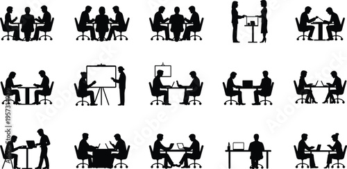 Business silhouettes, office meeting icons, teamwork collection, corporate communication set, professional discussion scenes, workplace collaboration, presentation icons