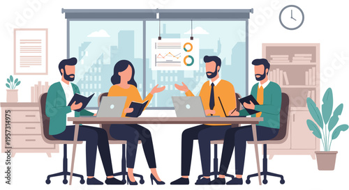 Diverse team collaborating in modern office with flat design in bright vibrant lighting for business presentation