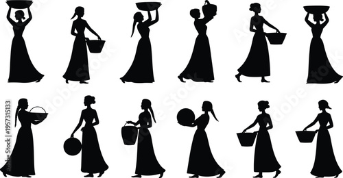 Women silhouettes, traditional lifestyle set, village women carrying baskets, cultural illustration, rural life, female figures, daily activity, black vector, people silhouettes, ethnic design