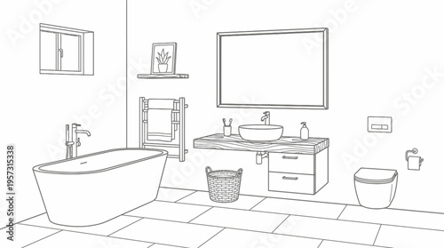 Black and white line art drawing of a modern bathroom interior with a freestanding tub, vanity, mirror, and toilet.