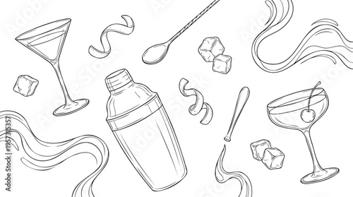 Crafting the Perfect Sip An elegant monochrome line art illustration showcasing essential bar tools and garnishes for sophisticated mixology designs