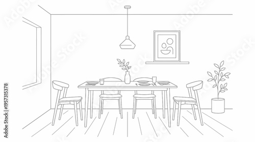 Detailed line art illustration of a modern dining room with a table, chairs, window, pendant light, and potted plant, showcasing minimalist interior design.