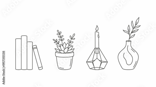 Minimalist line art illustration of various home decor items including books, a potted succulent, a candle in a geometric holder, and a vase with a leafy branch.