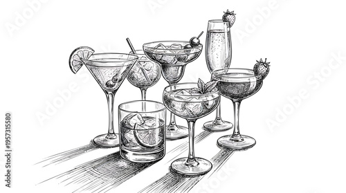 A diverse assortment of hand-drawn cocktails, elegantly sketched for beverage-themed designs and sophisticated drink menus